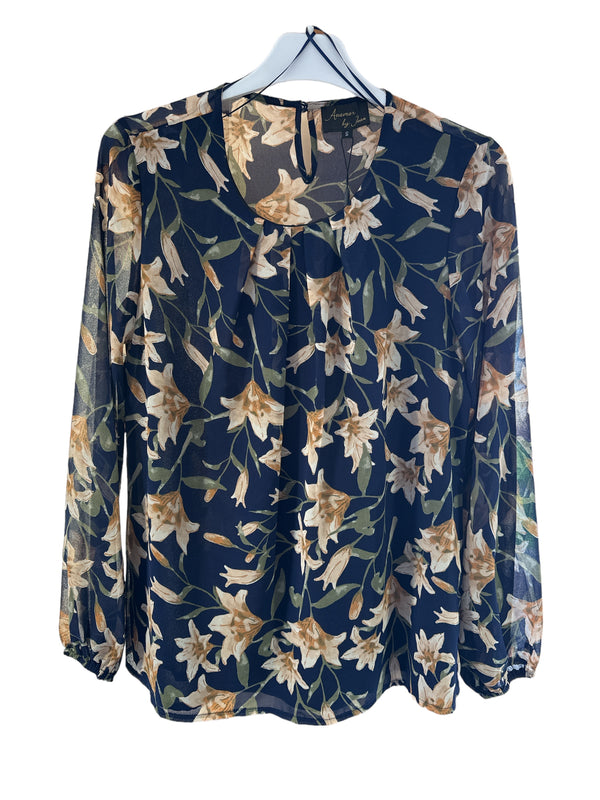 Flower blouse top with lining in navy