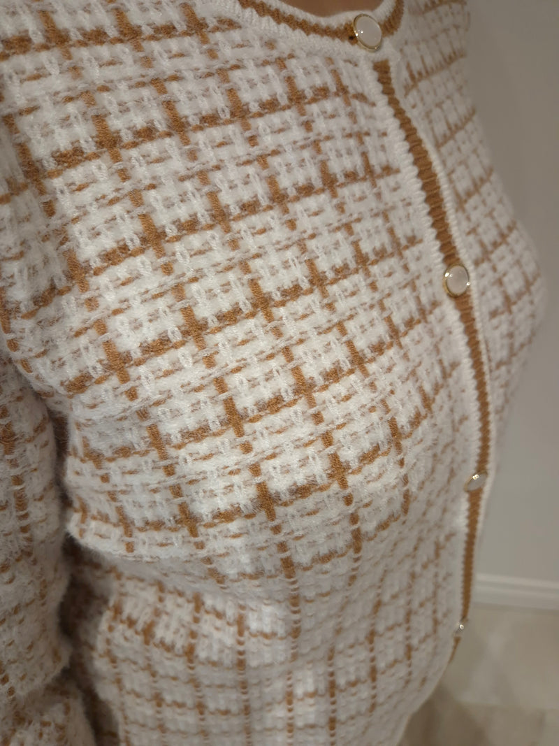 ANONYMOUS Royal Check Dress Cardigan in Tan/Cream