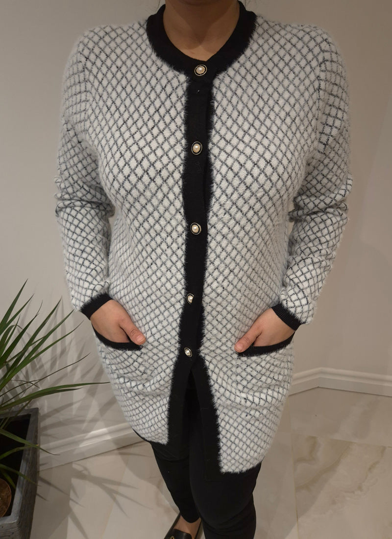 Anonymous Fluffy Knit Check Button Cardigan - Black & Ivory