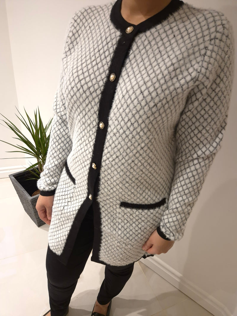 Anonymous Fluffy Knit Check Button Cardigan - Black & Ivory