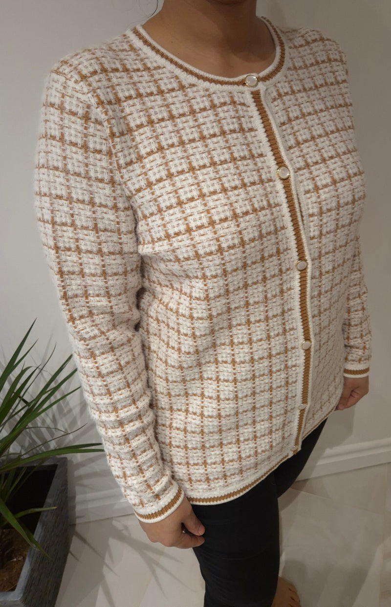 ANONYMOUS Royal Check Dress Cardigan in Tan/Cream