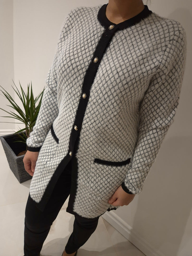 Anonymous Fluffy Knit Check Button Cardigan - Black & Ivory