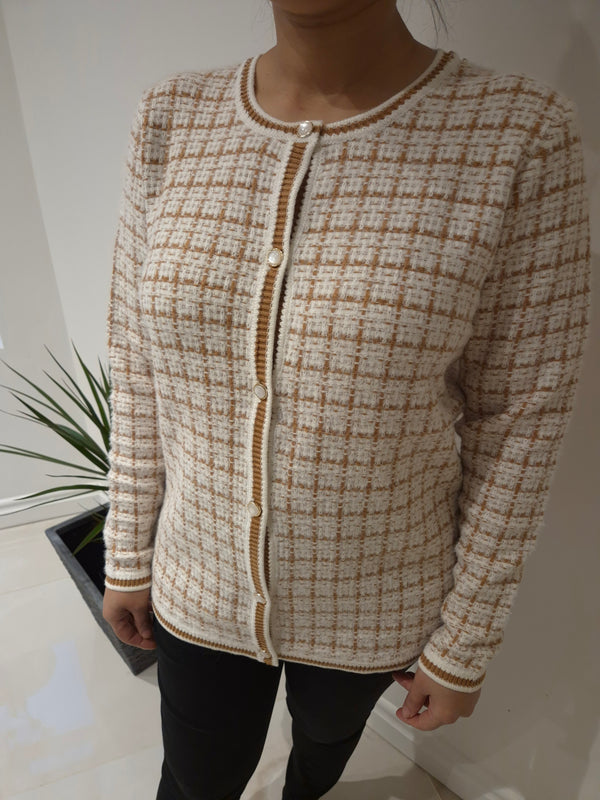 ANONYMOUS Royal Check Dress Cardigan in Tan/Cream