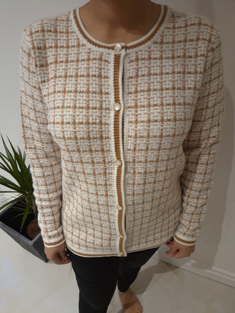 ANONYMOUS Royal Check Dress Cardigan in Tan/Cream
