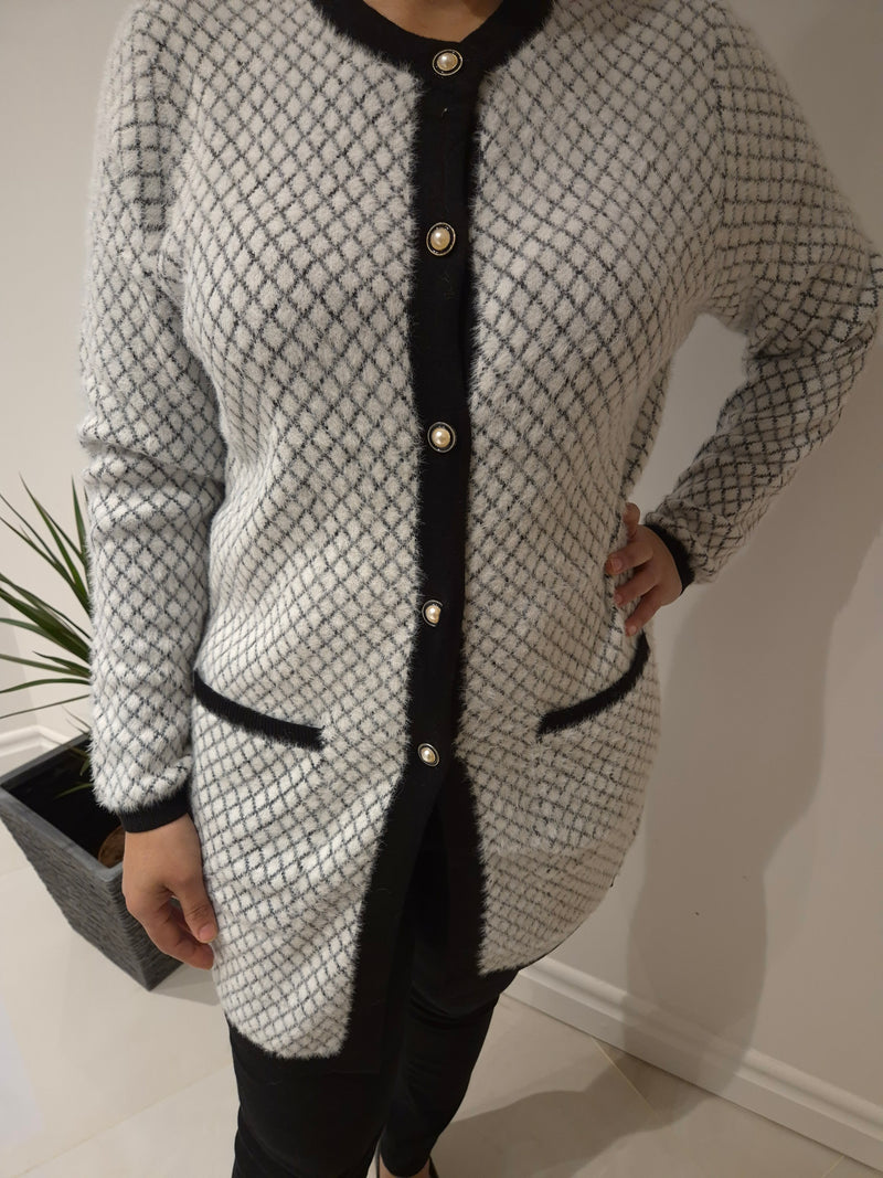 Anonymous Fluffy Knit Check Button Cardigan - Black & Ivory