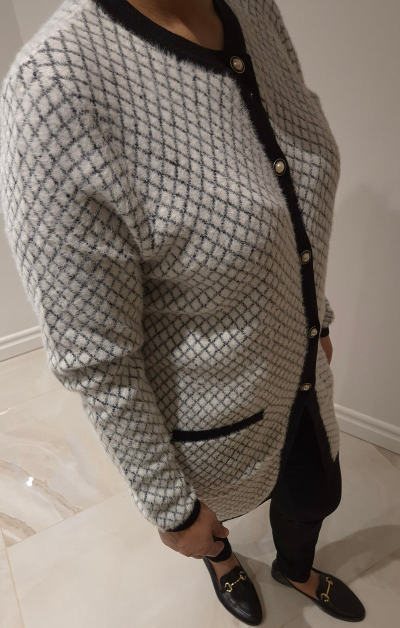 Anonymous Fluffy Knit Check Button Cardigan - Black & Ivory