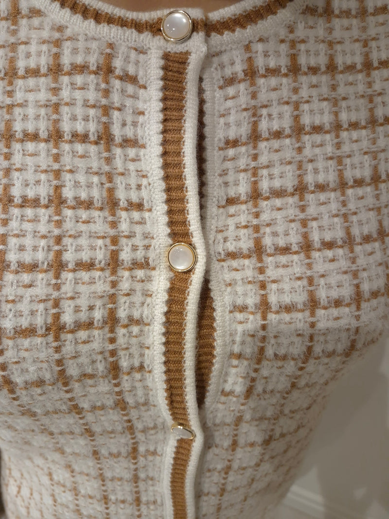 ANONYMOUS Royal Check Dress Cardigan in Tan/Cream