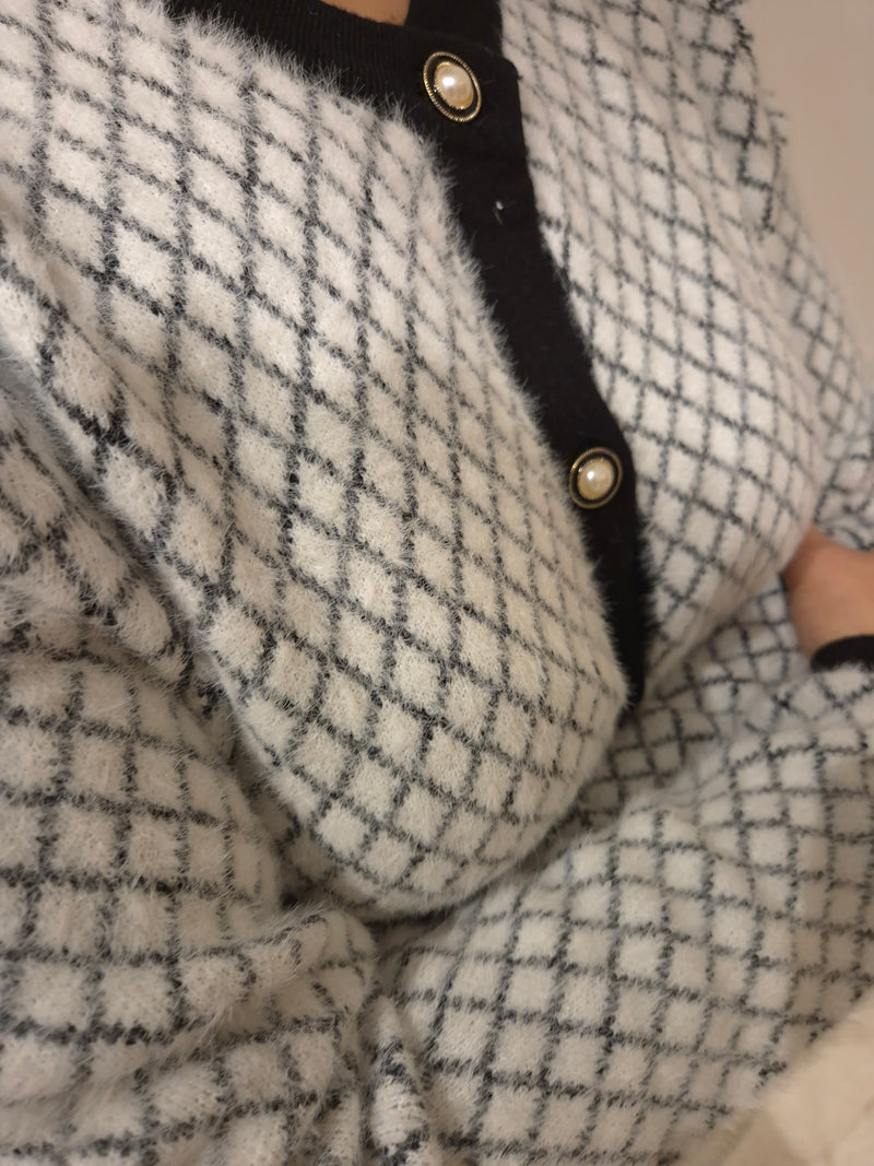 Anonymous Fluffy Knit Check Button Cardigan - Black & Ivory
