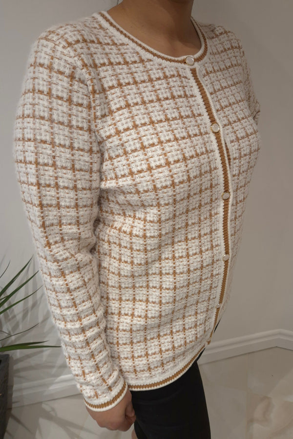 ANONYMOUS Royal Check Dress Cardigan in Tan/Cream
