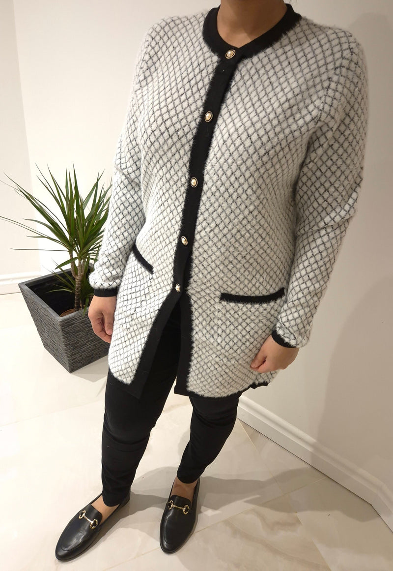 Anonymous Fluffy Knit Check Button Cardigan - Black & Ivory