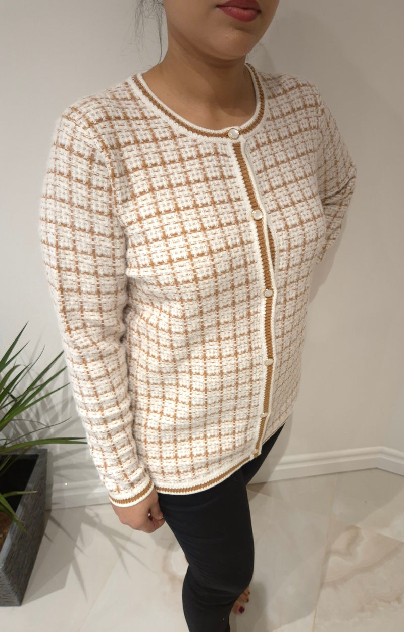 ANONYMOUS Royal Check Dress Cardigan in Tan/Cream
